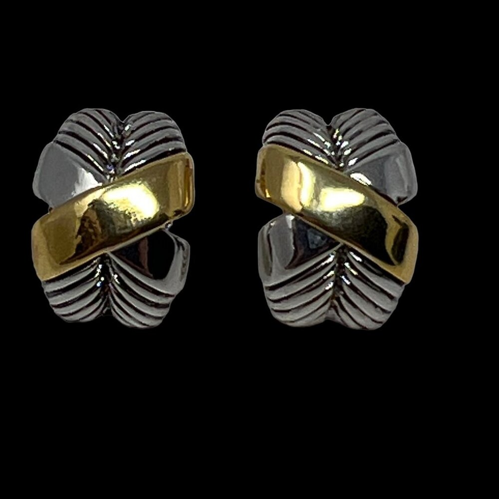 Vintage Pierced Earrings Silver and Gold Tone Black Enamel Stud